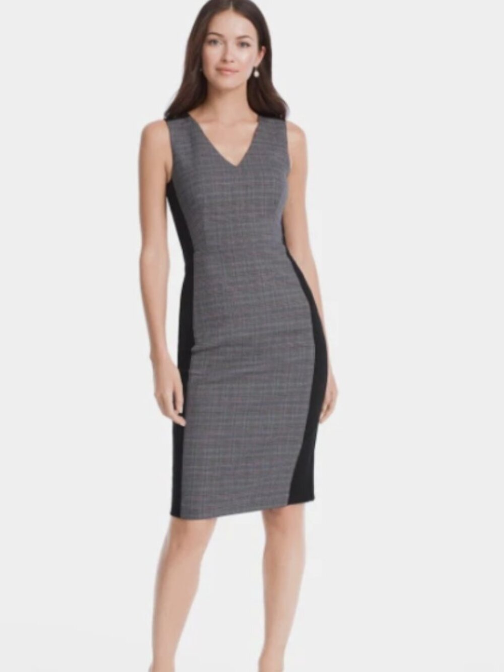 White House Black Market Gray Glen Plaid Colorblock Sheath Dress V Neck Exposed